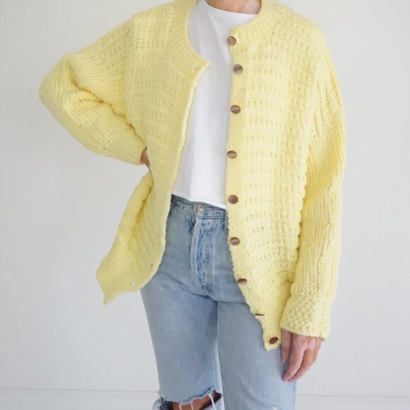 Sweaters - Handknit Yellow Knit Textured Button Front Cottage Garden Cottagecore Cardigan M